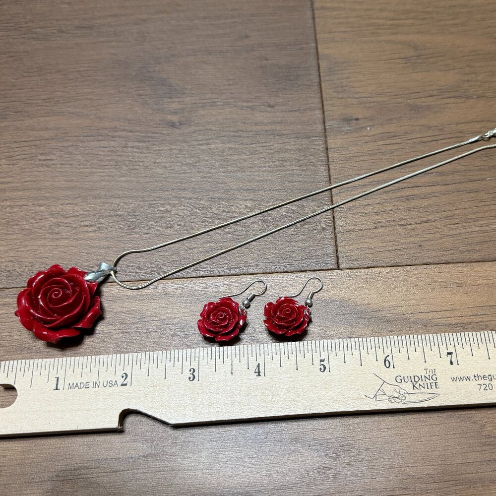 925 Sterling Silver Red Simulated Coral Carved Rose Jewelry Set